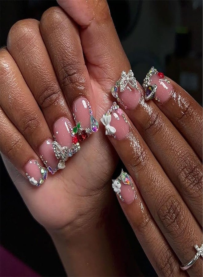 TOGZOM French Tip Press on Nails Short Square Fake Nails Rhinestone Acrylic Nails Glossy Nude Pink False Nails with Designs Bow Butterfly Charm Glue on Artificial Nails for Women Manicure Art Decoration - Image 1